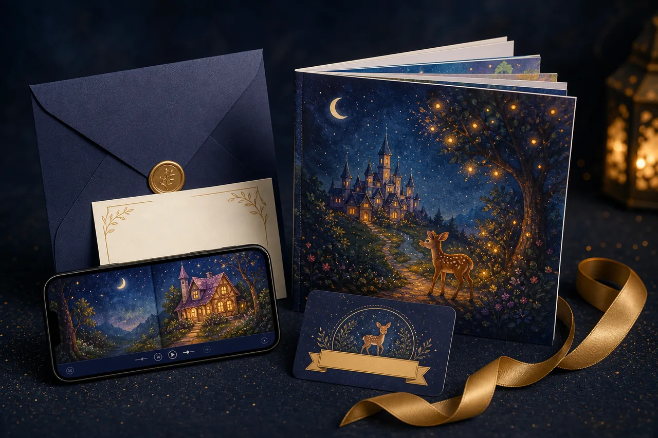 A complete StoryFawn gift with softcover book, invitation, gift card, and online reader