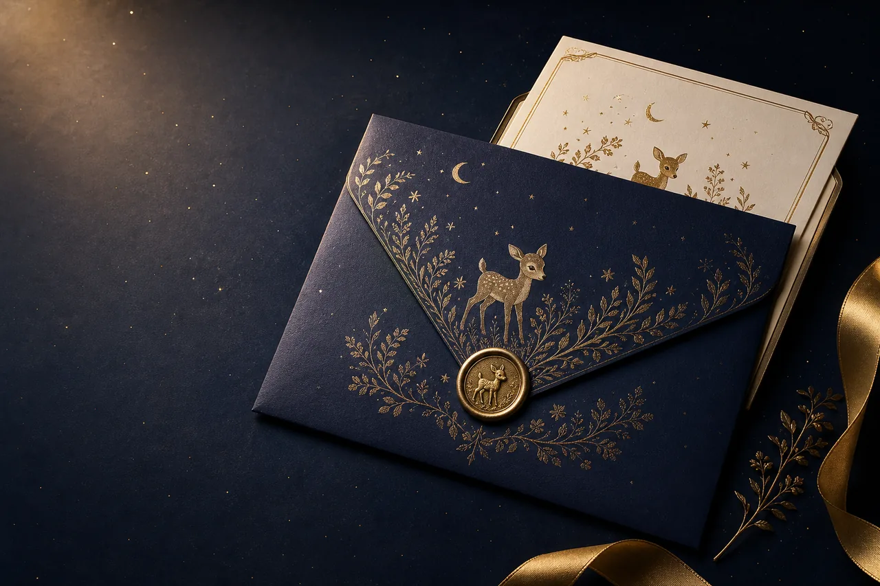 StoryFawn Grand Invitation envelope and ivory invitation card