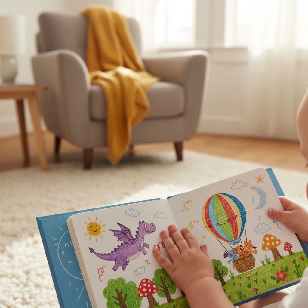 A child's hands holding an open printed StoryFawn book