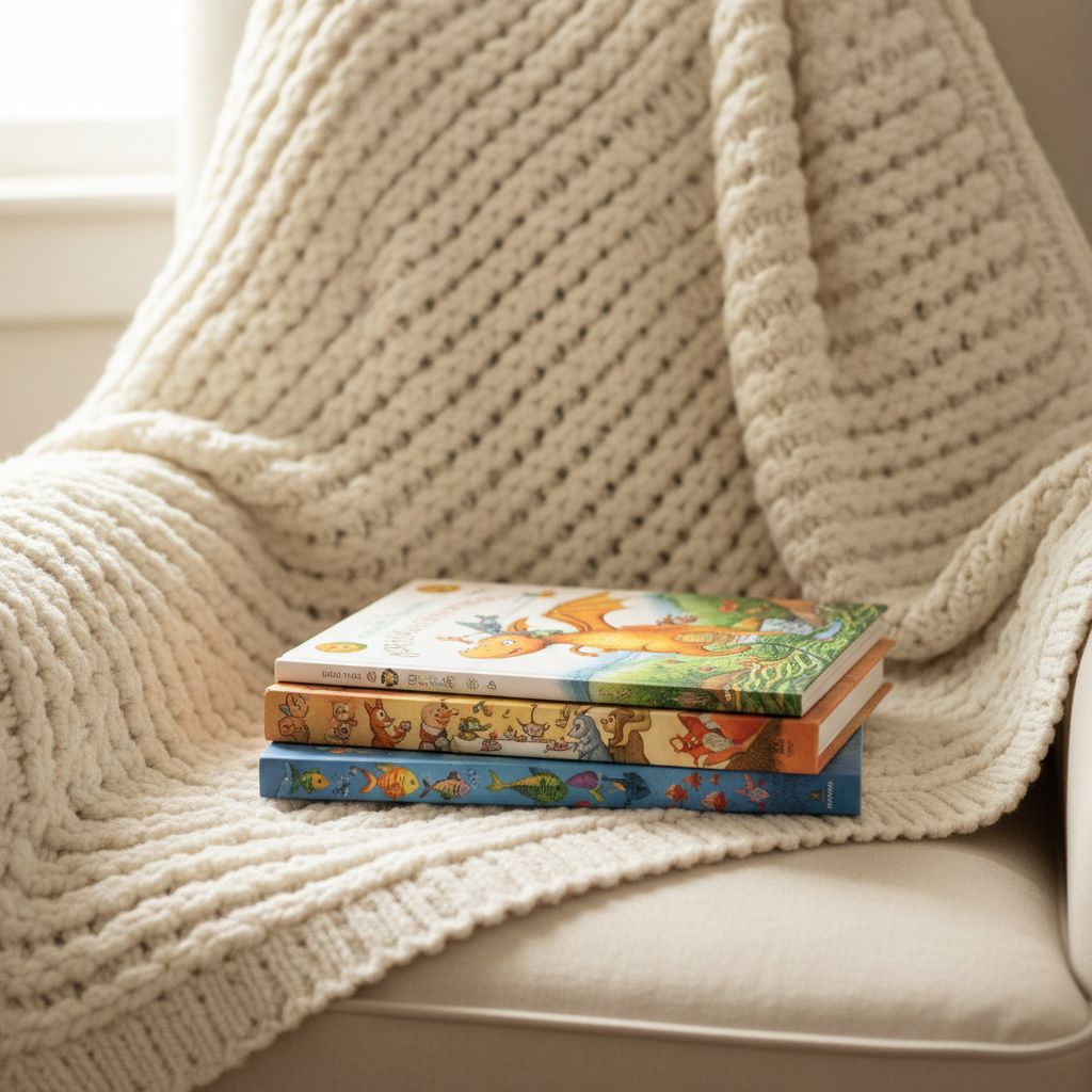 A stack of StoryFawn printed books on a knit throw