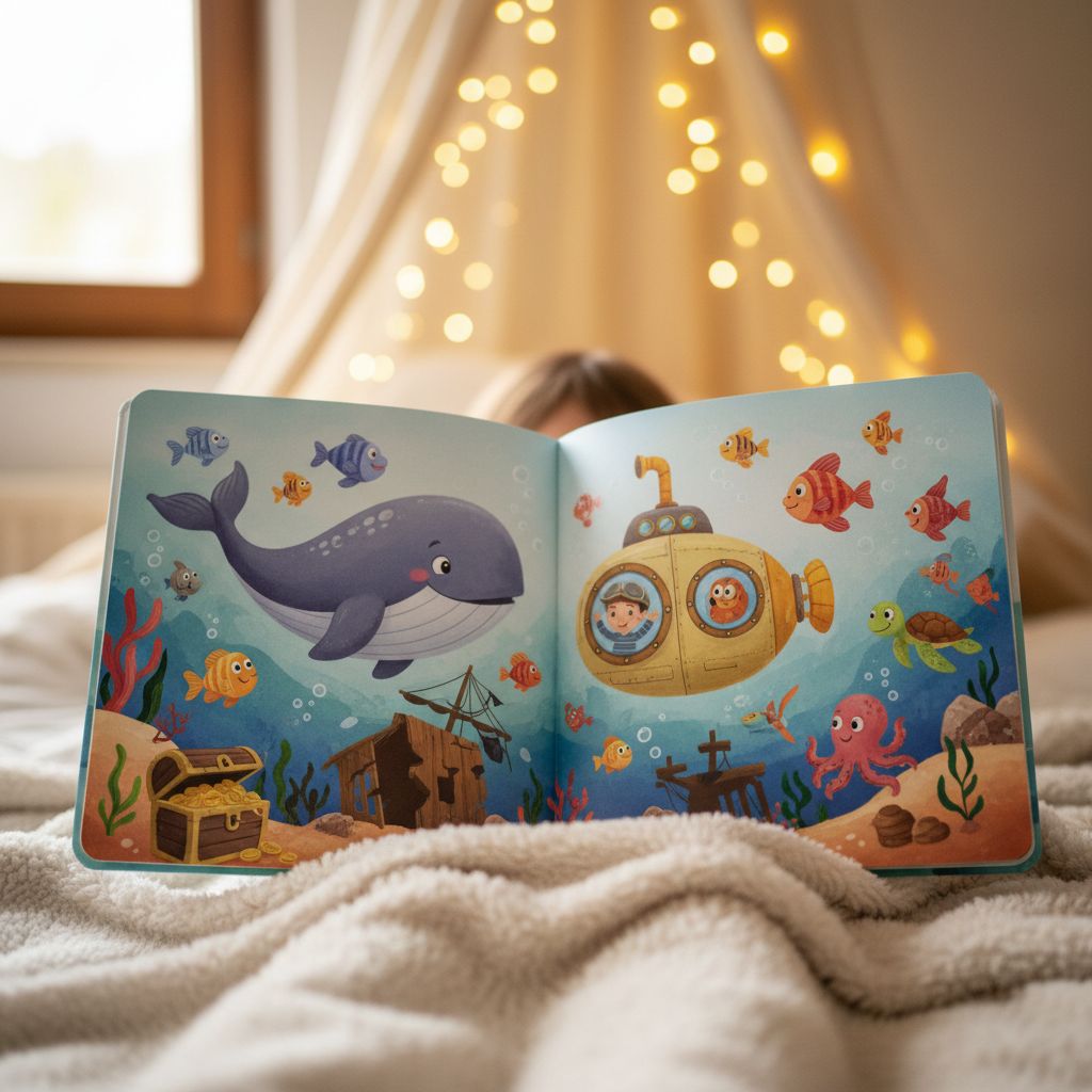 An open printed StoryFawn book on a child's lap