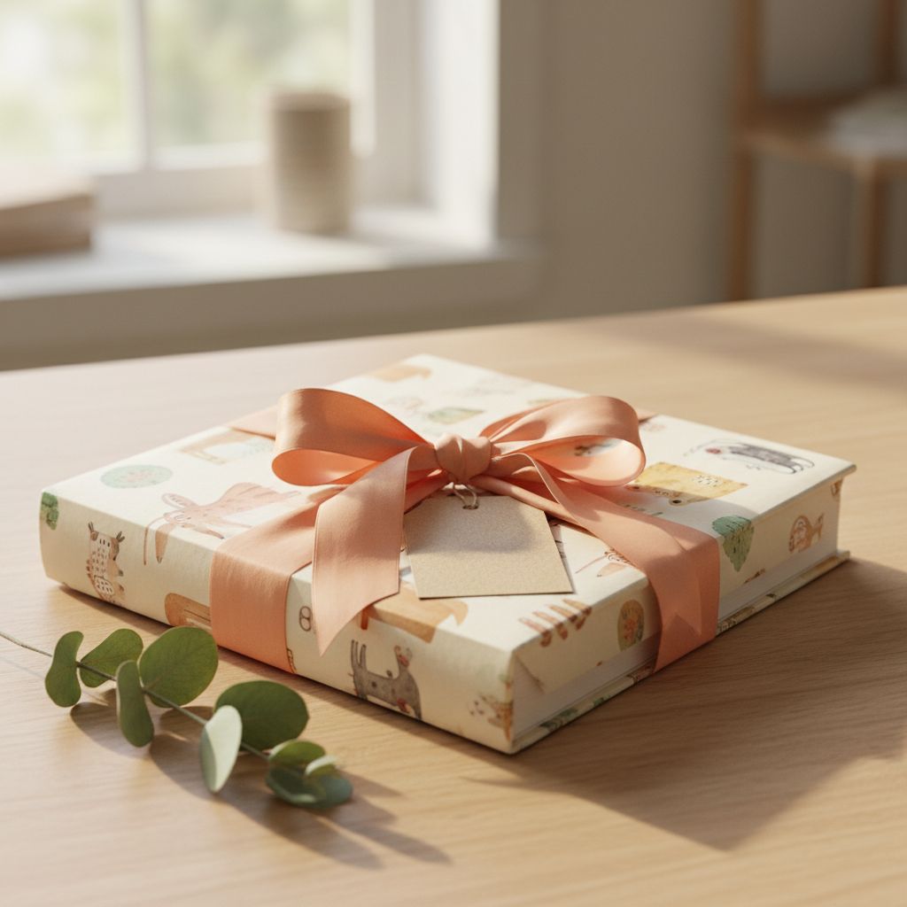 A gift-wrapped printed StoryFawn book with a ribbon