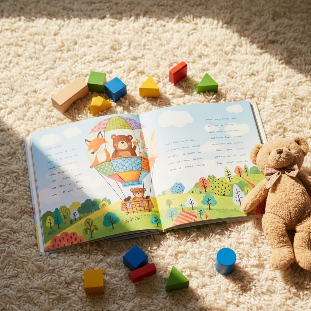 An open printed StoryFawn book with toys around it