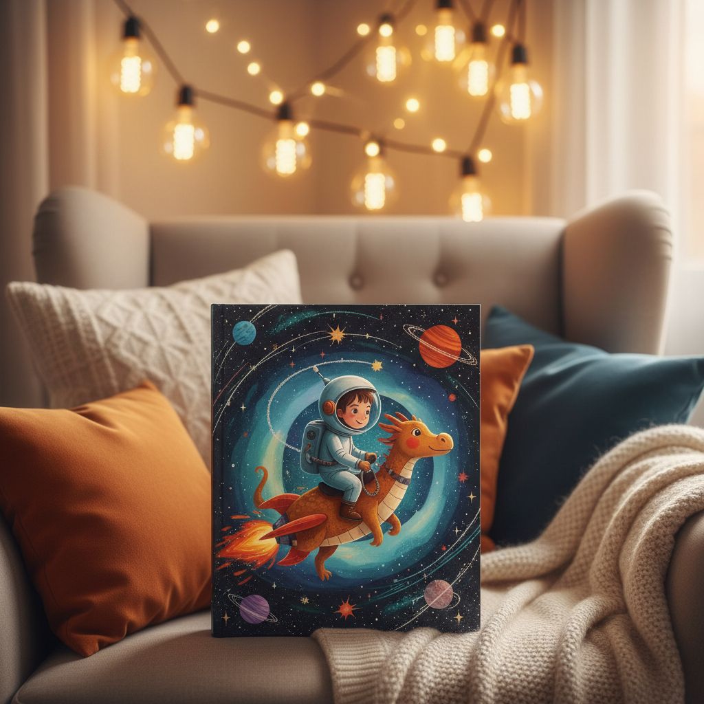 A printed StoryFawn book in a cozy reading nook