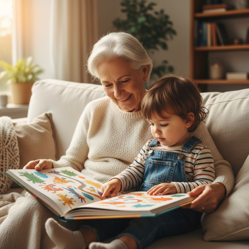 A grandparent and grandchild reading a printed StoryFawn book together