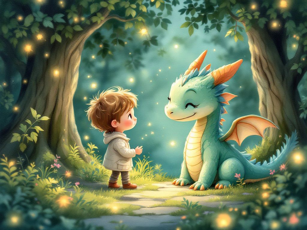 A child meeting a gentle baby dragon in a glowing enchanted forest, in StoryFawn's warm watercolor style.