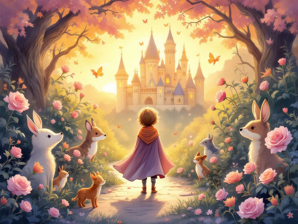A kind, brave child in a flowing cape in a magical castle garden at sunset.